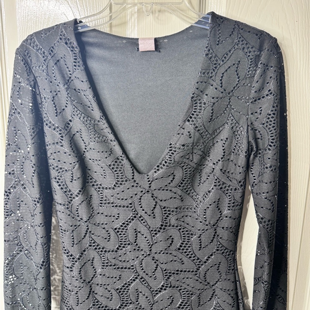 Black Bodycon Dress with Plunge Neckline and Long Sleeves - Picture 3 of 7